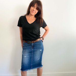 {Risen} Distressed Midi Jean Skirt